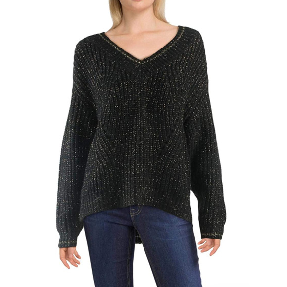 JOHN & JENN NWT Evereve Black Fabio V Neck Sweater with Gold Shimmer // L - Picture 1 of 11